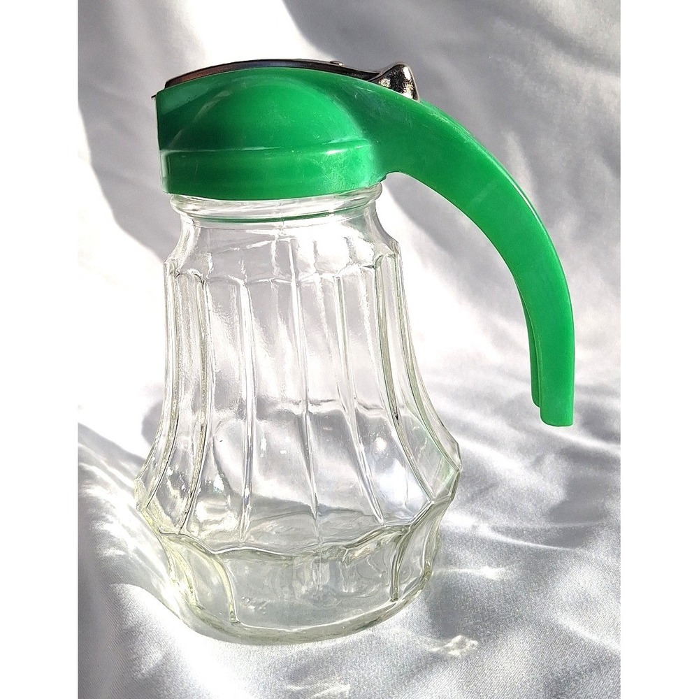 Vintage Ribbed Glass Syrup Dispenser Green Plastic Lid Metal Lever Server